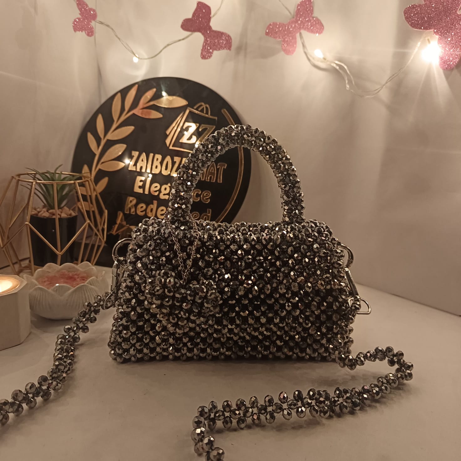 silver metallic crystal bag
