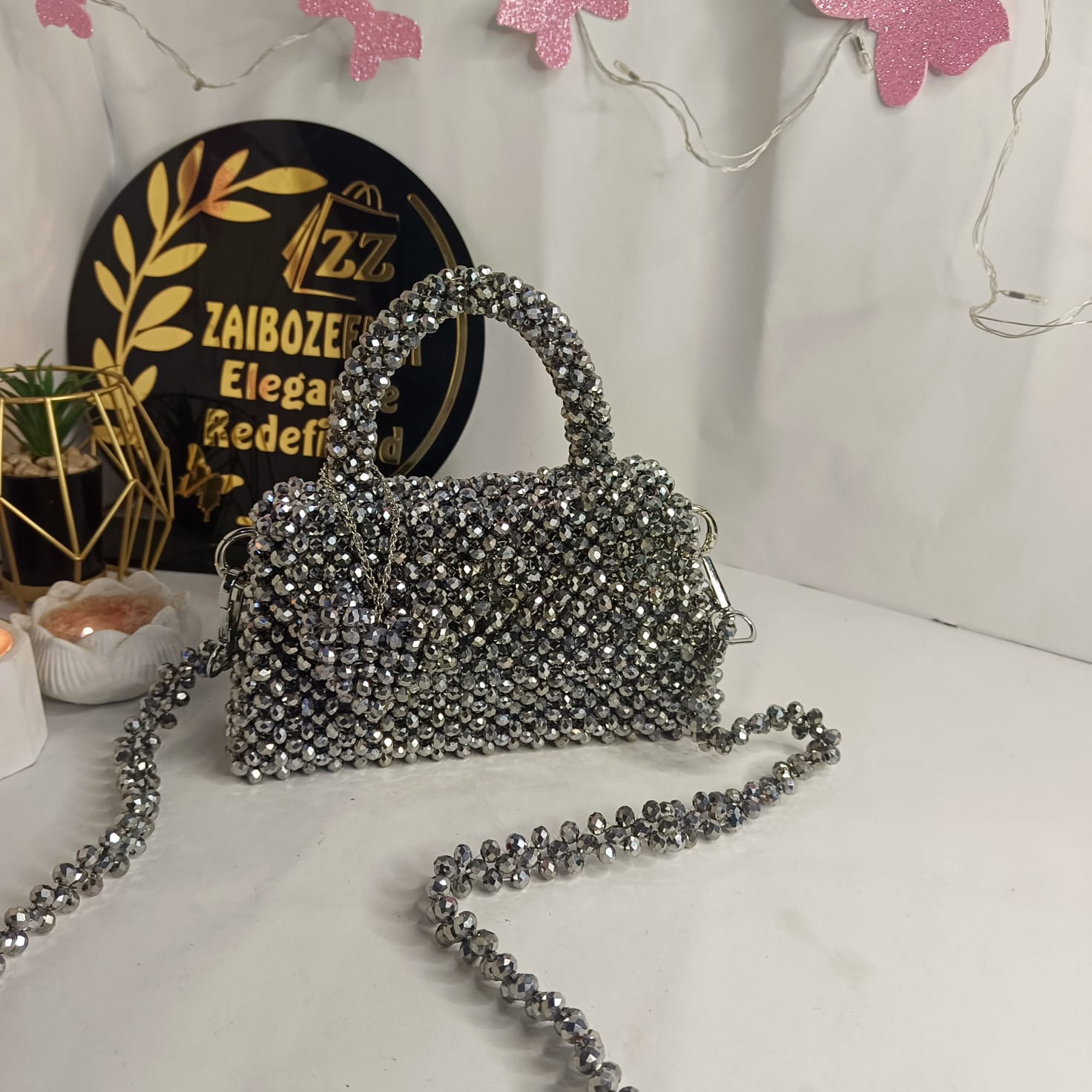 silver metallic crystal bag
